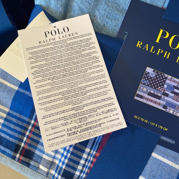 Polo Ralph Lauren Ramsey Patchwork Flag 100% Cotton Denim Blue Throw Blanket - Picture 7 of 11